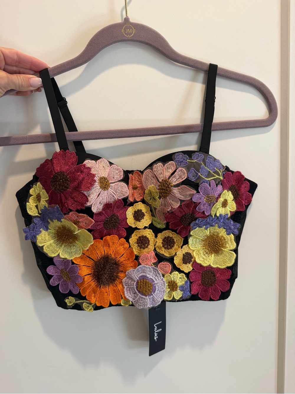 Lulu's Black Bandeau Top with Multicolor Floral Embroidery